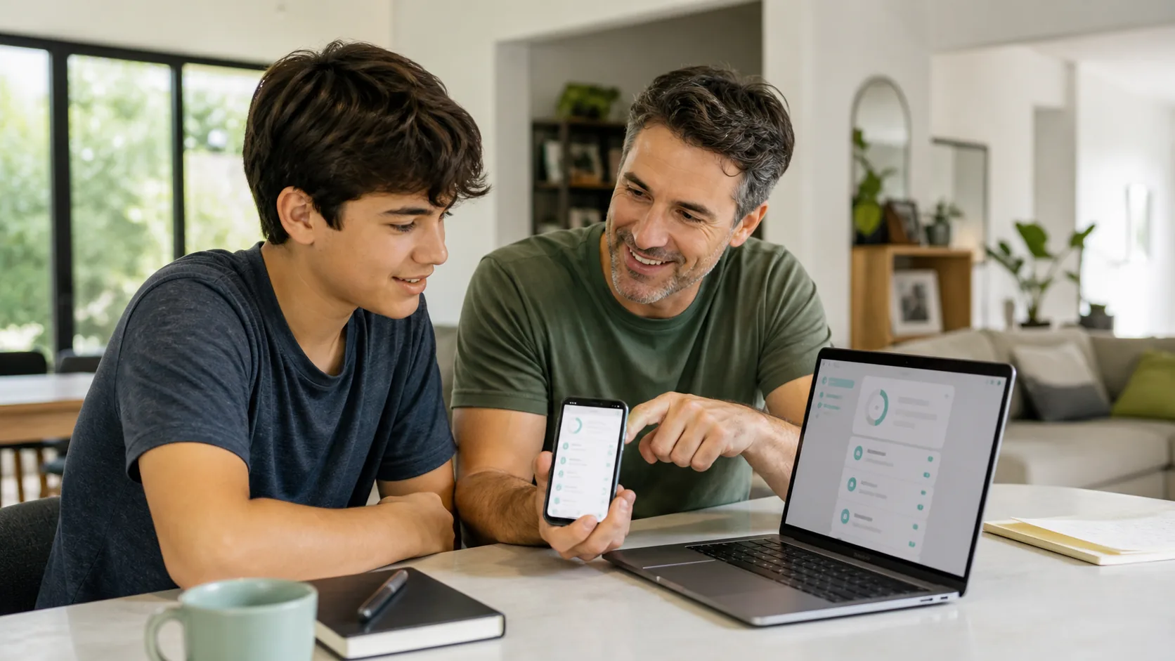 Parent and teenager discussing authorized family message safety settings